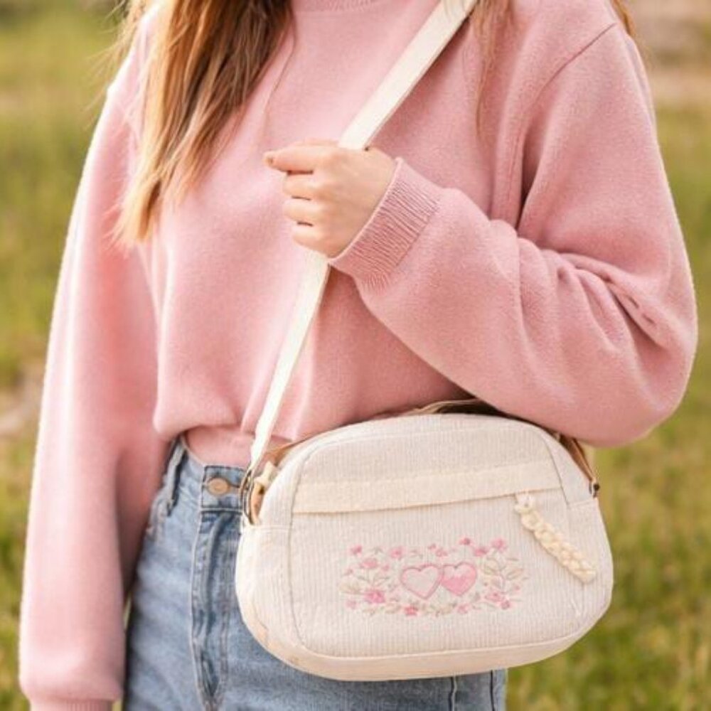 Cute Embroidered Corduroy Crossbody Bag, Mini Floral Purse, Aesthetic Bag